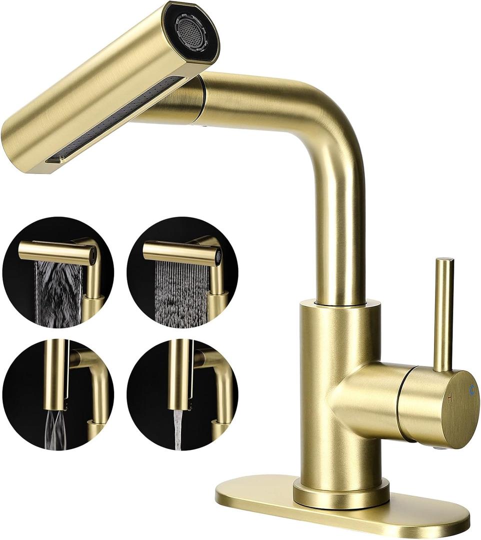 Bathroom Sink Faucet with 4 Mode Pull Down Sprayer, Brushed Gold Single Handle Pull Out Faucet with Pop-Up Drain, 1 or 3 Hole Laundry Bar Basin Faucet with Deck Plate
