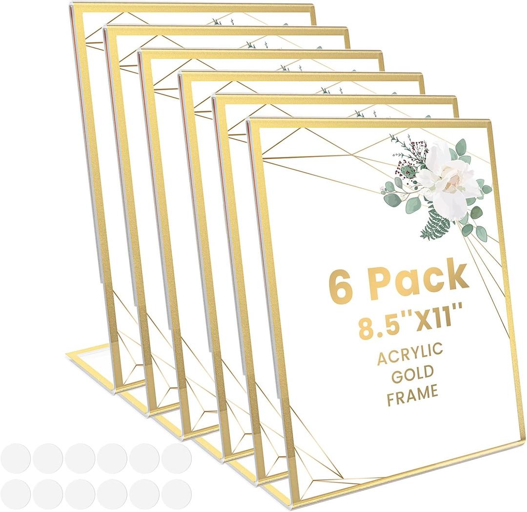 Acrylic Gold Frames 8.5x11, Slanted Back Gold Picture Frames Table Acrylic Sign Holder for Photos Wedding Table Numbers and Art Display with Removable Clear Sticky Dots 6 Pack