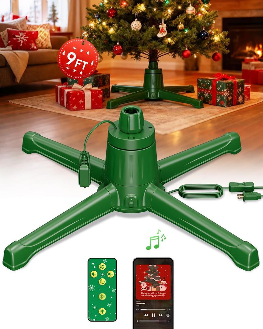 Musical Rotating Christmas Tree Stand with Memory Function, Built-in 6 Outlets 800W, Anti-tilt Noiseless 360 Degree Spinning Stand with Remote and Speaker, Up to 9ft 120 lb Artificial Trees