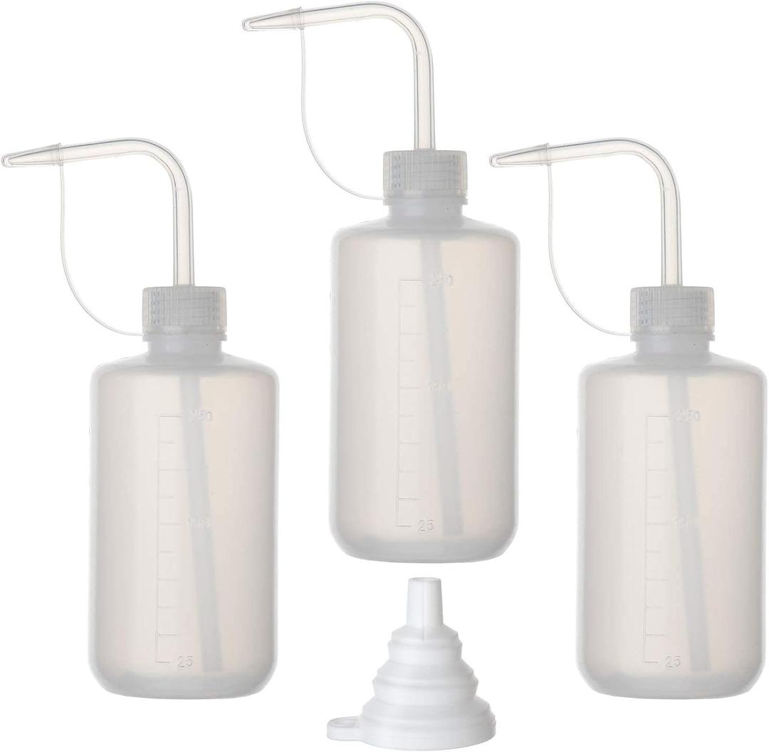 Hyber&Cara Safety Wash Bottle with Cap 3Pcs 250ml Plastic Plant Watering Tattoo Squeeze Bottle for Lab with 1Pc Silicone Funnel