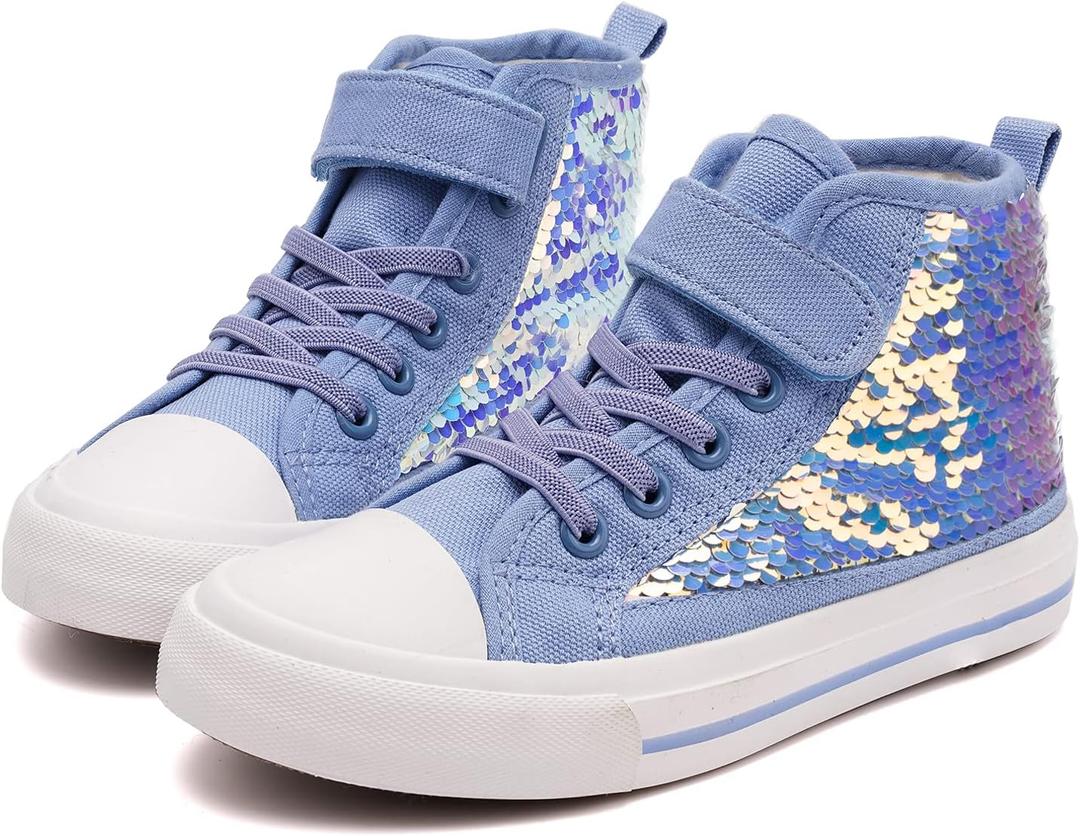 Toandon Girls Kids Canvas Shoes Sneakers for Toddler Boys Color Change Flipping Sequins Glitter Sparkle Slip On High Top Adjustable Hook Loop Straps Velcro Non-Slip Lightweight Blue Size 1