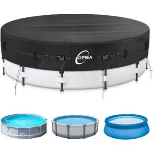 Kipiea Heavy Duty 500D 14ft Round Pool Cover for Above Ground Pools, Swimming Pool Cover with Full Circle Straps, Anti-Slip Straps and Tent Stakes, Featuring Windproof, Waterproof and Dustproof Design