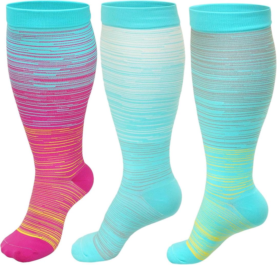 3 Pairs Plus Size Compression Socks: Wide calf Compression Stockings for Men Women - Extra Large 20-30 mmHg Compression Hose Support for Travel Nurses Running Pregnancy (5xl)