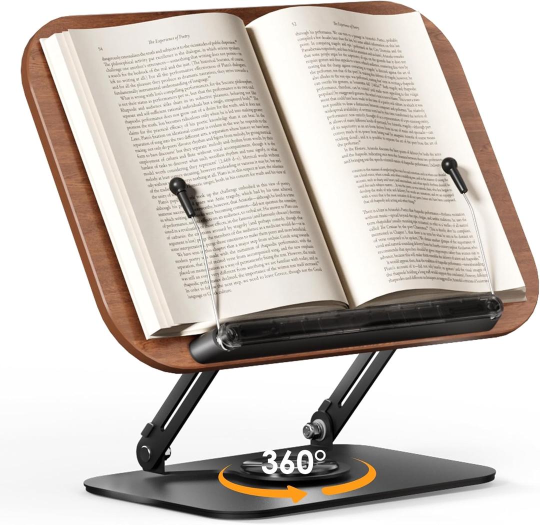 Book Stand for Reading, Adjustable Book Holder with 360 Rotating Bases, Foldable Designs, and Elastic Clips, Multifunctional Display Stand for Recipe, Cookbooks, Magazines, Tablets, Laptops (Dark Wood)