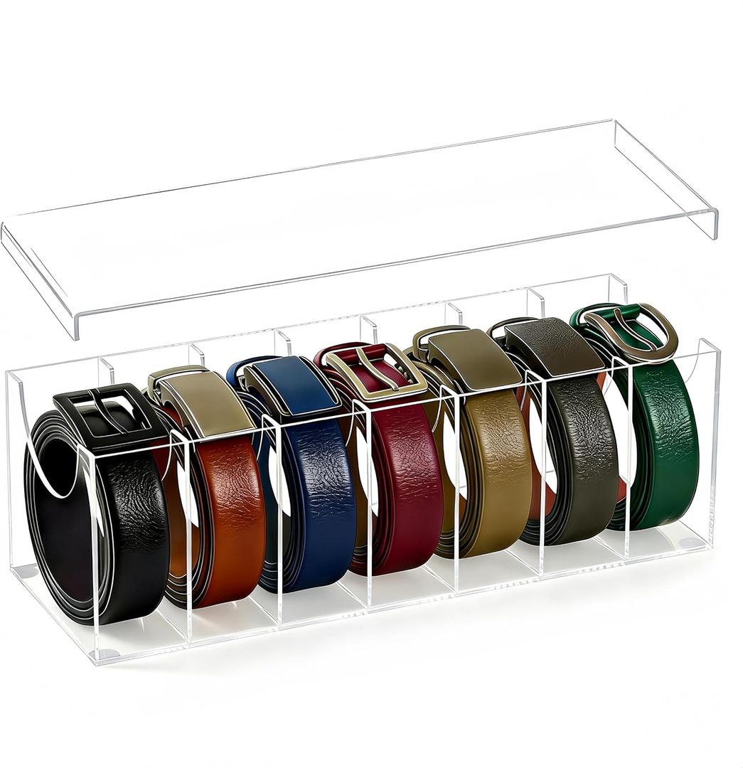 7 Compartments Belt Organizer with Lid Acrylic Belt Storage Holder for Closet Drawer with, Belt Holder Organizer Closet Holder, Clear Belts Display Case for Watch, Jewelry, Socks