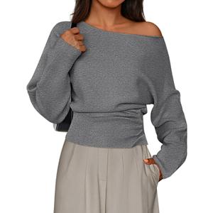 PRETTYGARDEN Women Off The Shoulder Sweater 2026 Fall Trendy Long Batwing Sleeve Knit Pullover Going Out Tops Winter Clothing (Large, Grey)