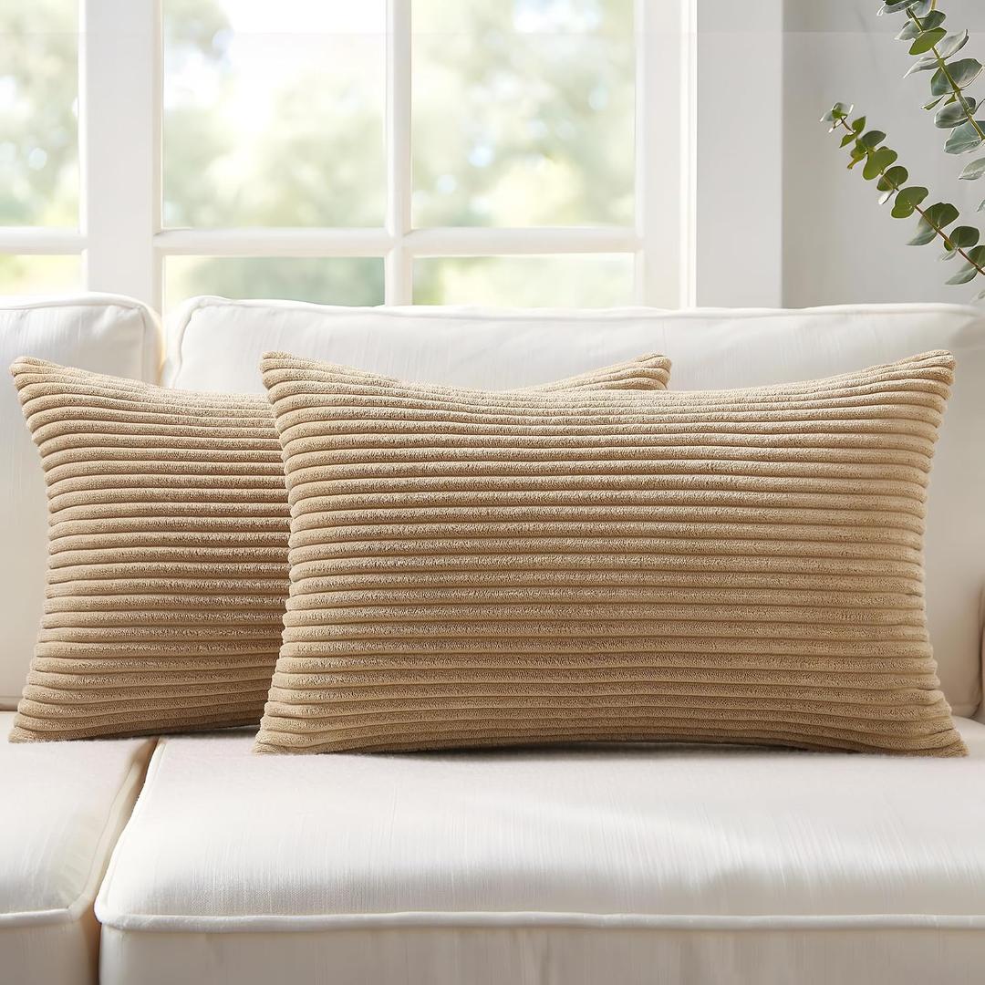 Mecatny Corduroy Summer Decorative Throw Pillow Covers 12x20 Set of 2 for Sofa Living Room, Soft Neutral Boho Couch Pillow Covers for Home Decor, Khaki