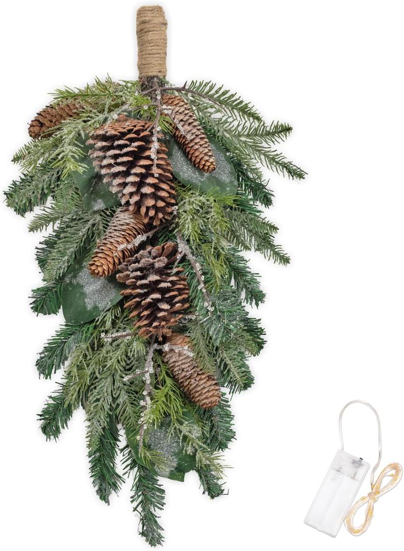 23 Inch Christmas Swag for Front Door, Artificial Christmas Teardrop Decoration with Pinecone and Fern, Christmas Stair Swags with Light Hanging Holiday Decor for Indoor Outdoor Window Wall