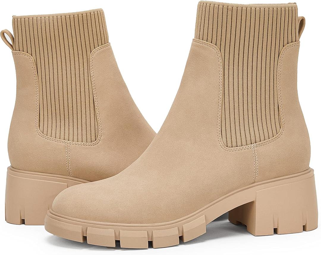 Ruanyu Women's Platform Ankle Boots Elastic Chunky Block Heel Chelsea Booties Lug Sole Non-Slip Combat Shoes (11, Beige)