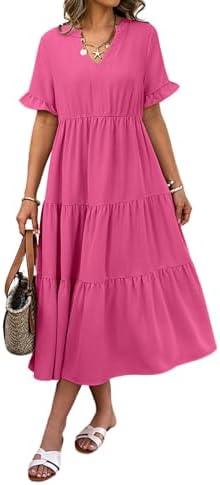 Theenkoln Womens Casual Midi Dress: Short Sleeve V-Neck Empire Waist Gingham Spring Fashion Long Trendy Tiered Formal Dresses, Small, Hot Pink 