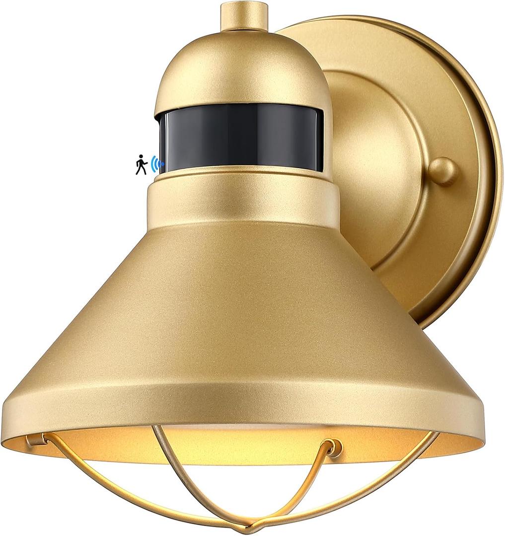 LONEDRUID Motion Sensor LED Outdoor Barn Light Fixtures Dusk to Dawn Exterior Porch Lantern Gold Outside Wall Sconce Lighting Rustic Farmhouse Wall Mount Lamp for House Garage Patio Entryway