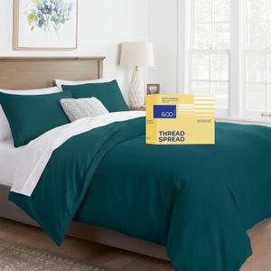 THREAD SPREAD Oversized King Duvet Cover, 600 Thread Count Sateen 3Pc Egyptian Cotton Duvet Cover Set, 100% Pure Cotton Comforter Cover, 2 Pillow Shams, Zipper Closure, 7 Corner Ties - (Teal)