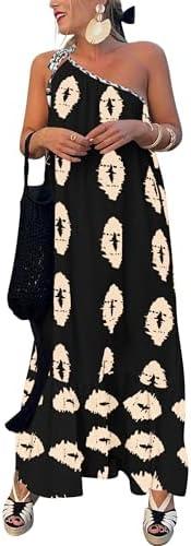 PRETTYGARDEN Women's Summer One Shoulder Maxi Dresses Printed Flowy Boho Beach Vacation Long Sundress L