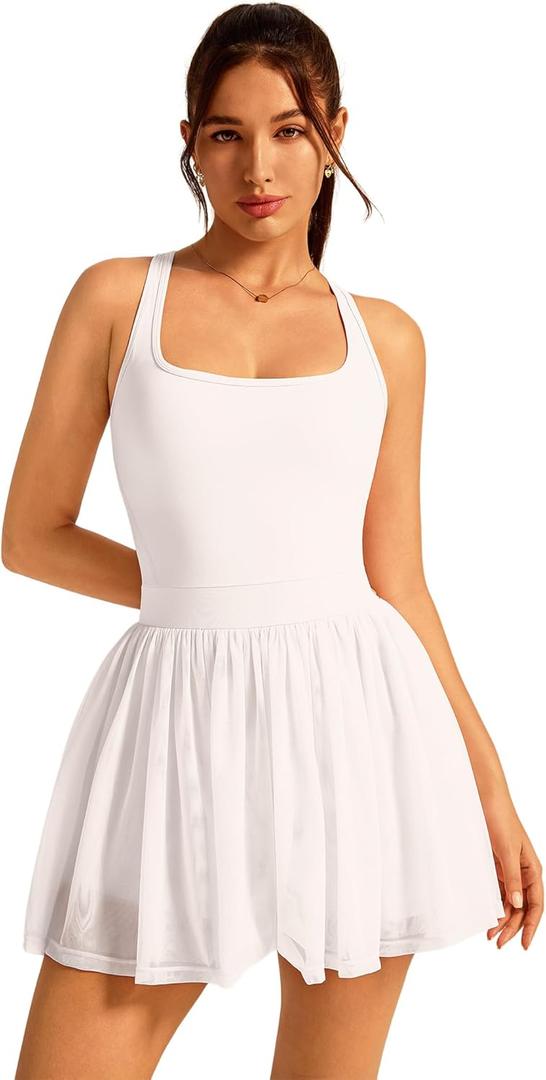 ABOCIW Womns Square Neck Mesh Hem Tennis Dress Built in Bra and Shorts Racerack Workout Golf Athletic Dress with Pocket, Large, 12