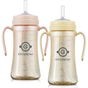GROSMIMI Spill Proof Magic Sippy Cup with Straw with Handle for Baby and Toddlers, PPSU, BPA Free 10 oz. 2-pack (Peach & Butter)
