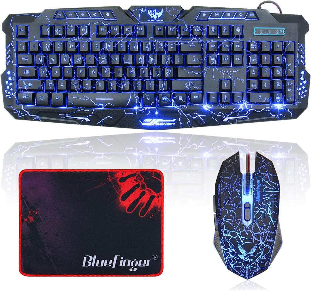 BlueFinger Gaming Keyboard and Mouse,USB Wired Backlit Gaming Mouse and Keyboard Combo,Letters Glow, 3 Color Crack Backlit,Illumination Keyboard and Mouse Set for Game and Work