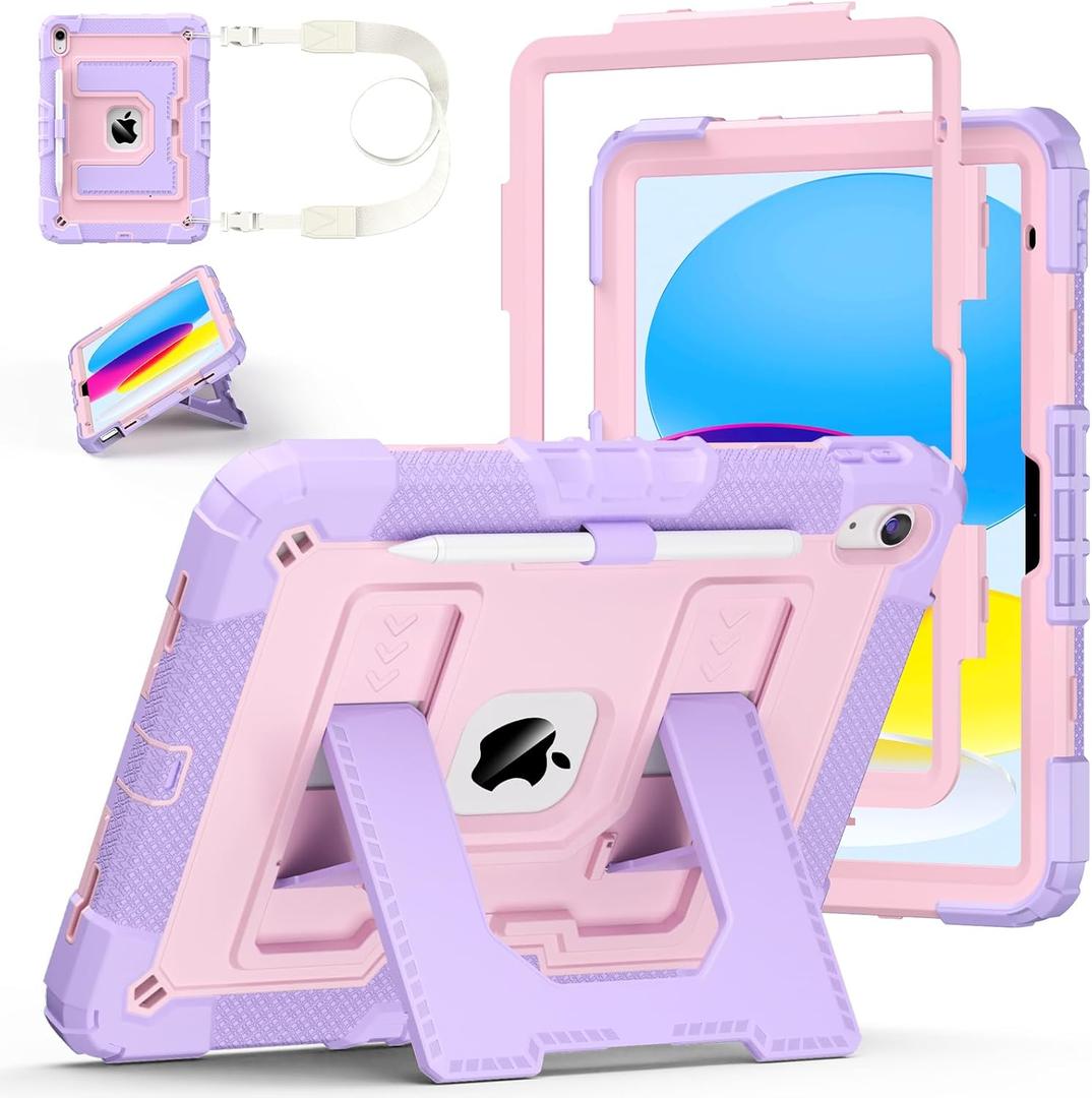 Case for iPad A16 11th/10th Generation 11/10.9 Inch 2025/2022, Ubearkk for iPad a16 case Military Grade Fully-Body Rugged Shockproof Cases with Large Kickstand Pen Holder Shoulder Strap, Purple Pink
