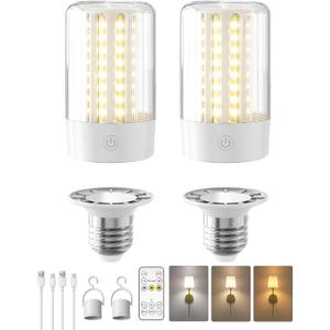 EZVALO E26 Rechargeable Light Bulb with Remote and Timer, Battery Backup Bulb for Sconces and Lamps, Magnetic Bulbs for Non-Hardwired Fixture, 3 Color Temperatures,Timer, Dimmable, 4000mAh, 2 Pack