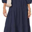 Women Button Down Maxi Shirt Dress Long Sleeve Flowy Tiered Collared Dresses with Pockets (Black, S-M)