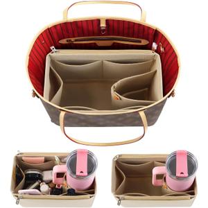 Tote Bag Purse Organizer Insert Pouches Fit for Neverful MM, Beige Handbag Organizer with Water Bottle Holder Compatible with Stanley Cup, Purse Accessories Must Haves Gifts for Women, Large