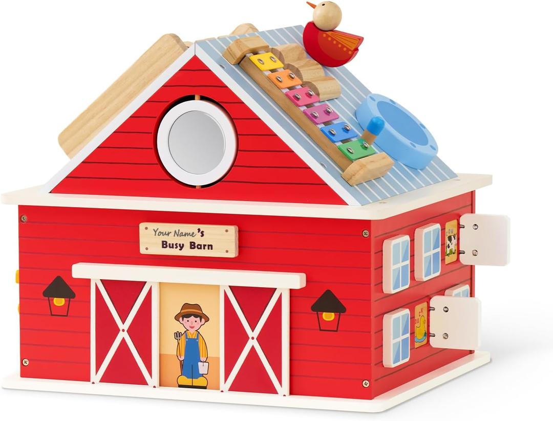 Monläurd® Wooden Activity Cube for Toddlers 1-3, Farm Barn Montessori Busy Board Toy, 12-in-1 Sensory Activity Center for Baby Fine Motor Skills, Large Educational Learning Toy for Boys Girls, 15”H × 17”L × 13”W