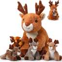 Poen Plush Deer Stuffed Animal Set 16 Inch Cuddly Mommy Deer Plush with 4 Cute Little Plushes in Her Zippered Tummy for Kids Birthday Baby Shower Decor Gift Woodland Party Favors(Sitting)