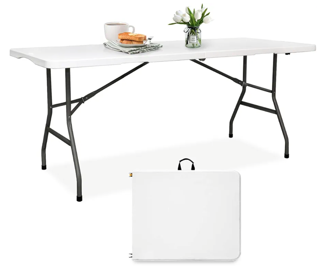 Folding Table 6FT HDPE 6 Foot Foldable Table Portable Banquet Surface Fold-in-Half Desk Utility for Working Meeting Parties, Picnic, Camping, Weddings, Catering, Garden Dining-White