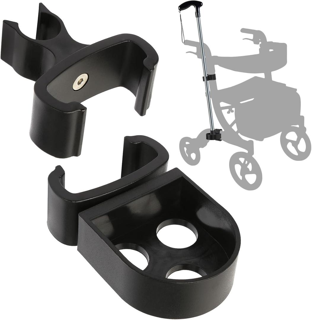 Cane Holder for Nitro Rollators with Flat Frame, Drive Walker Cane Holder, Adjustable Crutch Bracket for Wheelchairs, Rollators, Knee Scooters, Assistant Holder for Cane or Stick Users, Black