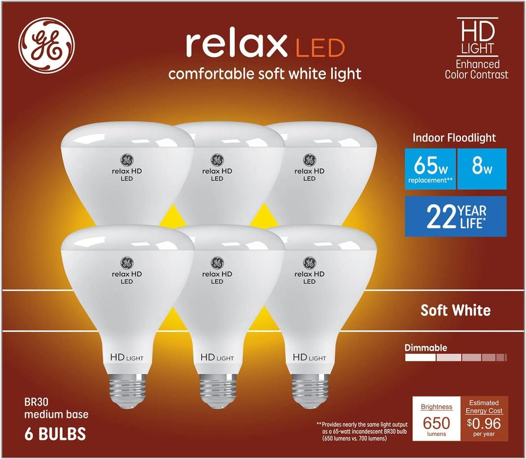 GE Relax 5-Pack 65 W Equivalent Dimmable Soft White Br30 LED Light Fixture Light Bulb 22 Year Life