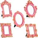 Maitys 5 Pcs Mini Picture Vintage Frames with Stands Tiny Antique Photo Baroque Ornate Resin Oval Frame Table Top Display Home Wedding Decor (Pink Gold)