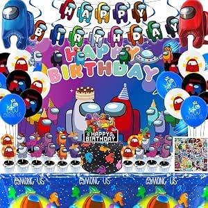 110Pcs A-mong Us Birthday Party Supplies,Video Game Party Decorations with Birthday Banner,Hanging Swirls,Cake Topper,Cupcake Toppers,Balloons,Foil Balloons,Backdrop,Tablecloth,Stickers