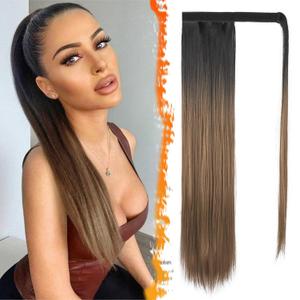 BARSDAR Black Ombre Blonde Straight Ponytail Extension - 26 Inch Long Straight Wrap Around Ponytail for Women, Clip in Ponytail Hair Extensions Synthetic Ombre Pony Tails Hairpieces Daily
