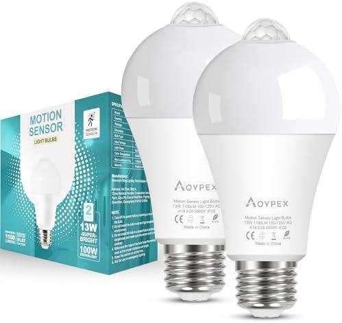 Aovpex Motion Sensor Light Bulbs, Dusk to Dawn, 13W 100W Equivalent, Movement Activated Security LED Bulb, 5000K Cool White, for Outdoor Indoor, Porch Garage Basement Hallway Closet, 2 Pack