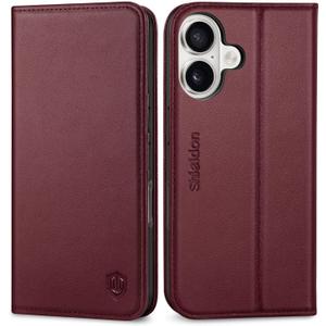 SHIELDON Wallet Case for iPhone 17 6.3-inch 2025 | Genuine Leather | Flip Magnetic | RFID Blocking Card Holder | Kickstand | Shockproof | Soft Shock-Absorbent Phone Cover | Wine Red