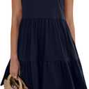 Womens Summer Dresses V Neck Tank Tiered Flowy Mini A Line Casual Sundress with Pockets (S)