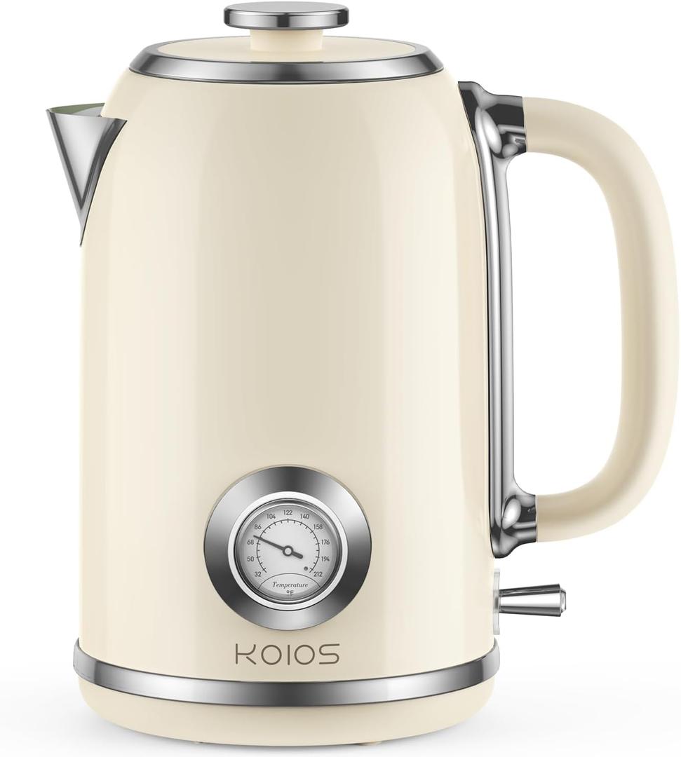 Electric Kettle 1.8L with Temperature Gauge, 1500W Fast Boiling Electric Tea Kettle, 100% Stainless Steel Retro-Style Hot Water Kettle Electric - Glowing LED Light, Auto Shut-Off & Boil-Dry Protection (Beige)