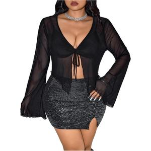 SHENHE Women's Plus Size Tie Front Sheer Mesh Bell Sleeve Shrug Bolero Cropped Top Coverup (3X-Large Plus, Black)