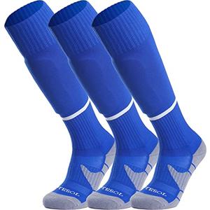 APTESOL Youth Soccer Socks Boys Girls Women Knee High Team Sport Cushion Sock Kids Long Tube Cotton Athletic Compression Socks (3-Pair Blue-B, Small)