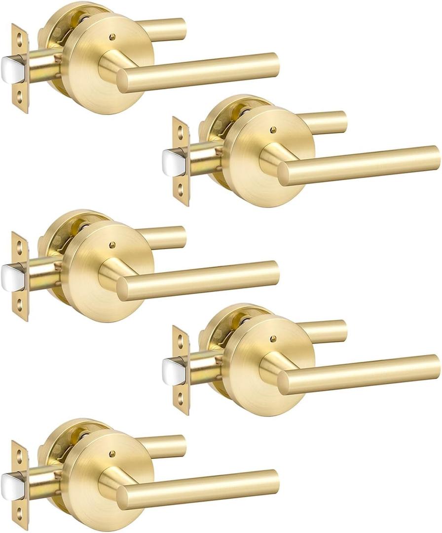 goldenwarm Gold Door Handles Interior, Brushed Gold Privacy Door Levers for Bedroom Bathroom, Heavy Duty Reversible Keyless Door Lever Left Right Handing, 5 Pack