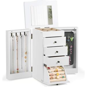 Meangood Jewelry Box Jewelry Organizer, 5-Layer Wooden Jewelry Organizers and Storage Boxes for Women Girls, Ring Earring Bracelet Necklace Holder Organizer with Mirror & Drawers (White)