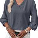 SHEWIN Women Smocked Neck Tops 3/4 Sleeve Loose Fit Shirts Business Dressy Casual 2026 (Blue) L