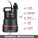 Sump Pump Submersible Utility Water Pump Thermoplastic Portable Electric Water Removal Transfer Pump with 16.4FT Cord for Swimming Pool Basement Garden Pond Tubs Draining, 1/4 HP