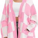 Saodimallsu Womens Checkered Sweater Color Block Plaid Oversized Cardigan Long Sleeve V Neck Button Down Knit Coats (Large, Pink)