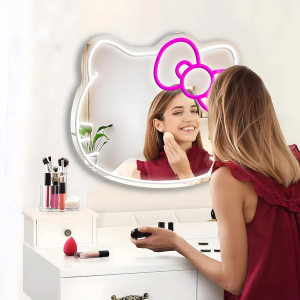 Hello Kit Neon Sign Mirror 18.1" x 16.1" Anime Cat Neon Mirror Makeup Wall Mirror with Dimmable Kawaii Cat Vanity Mirror for Bedroom,Game Room,Kids Birthday Xmas Easter Gift