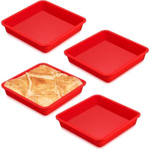 Geetery Set of 4 Silicone Square Cake Pan Silicone Brownie Pan Nonstick Baking Mold for Muffin Bread Rice Crispy Lasagna Pie, Red (8 x 8 x 1.6 Inches)