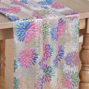 3 x Artoid Mode Multicolor Gold Dahlia Flower Gauze Table Runner 120 Inch 10FT, Glitter Metallic Foil Sheer Cheesecloth Dining Holiday Table Decor for Home Party