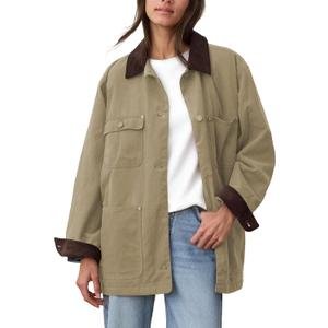 Barn Jackets for Women 2025 Fall Oversized Utility Cotton Coat Corduroy Collar Vintage Workwear with Pockets, M