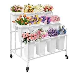 PROLEE Flower Stand with 12 Buckets, Flower Display Stand with Wheels, Flower Cart, Moving Florist Bouquet Shelf, Rectangular, White