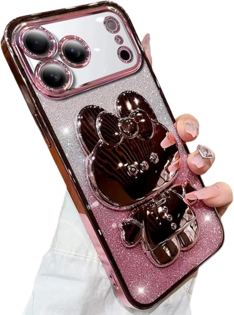 Aulzaju for iPhone 17 Pro Max Case for Women Girls Hidden Rabbit Mirror Kickstand Design,Luxury Plating Soft TPU with Bling Glitter Layer,Cute Girly Phone Case for iPhone 17 Pro Max Pink