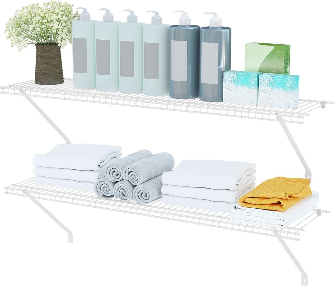 PROWORX Closet Shelves Wall Mounted, 2 Pack 4 ft x 12 in White Wire Shelving Kit, Metal Wall Shelf Organizer for Home, Pantry, Laundry Room Storage
